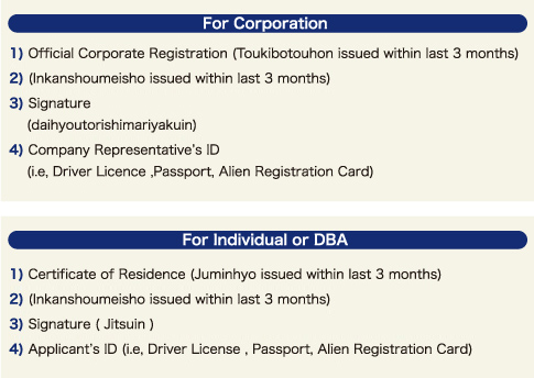 For Corporation 1) Official Corporate Registration (Toukibotouhon issued within last 3 months)2) (Inkanshoumeisho issued within last 3 months) 3) Signature   
(daihyoutorishimariyakuin) 4) Company Representative's ID  (i.e, Driver Licence ,Passport, Alien Registration Card)
5) Company Brochure For Individual or DBA 1) Certificate of Residence (Juminhyo issued within last 3 months)
2) (Inkanshoumeisho issued within last 3 months) 3) Signature ( Jitsuin ) 4) Applicant's ID (i.e, Driver License , Passport, Alien Registration Card) 5) Company Brochure 